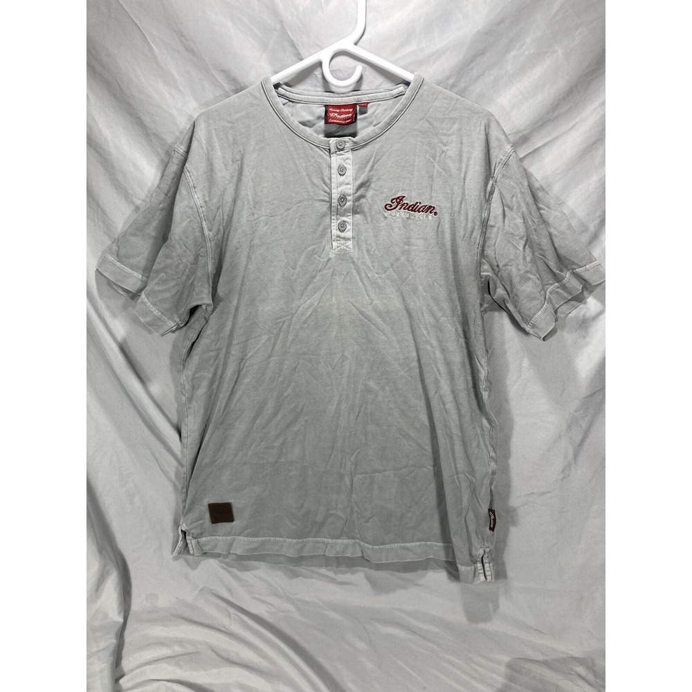 Vintage Indian Motorcycle Henley Shirt Size L Grey Leather Patch